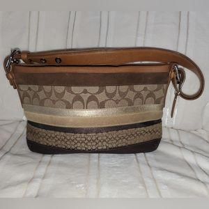 Coach handbag metallic patchwork and monogram logo.